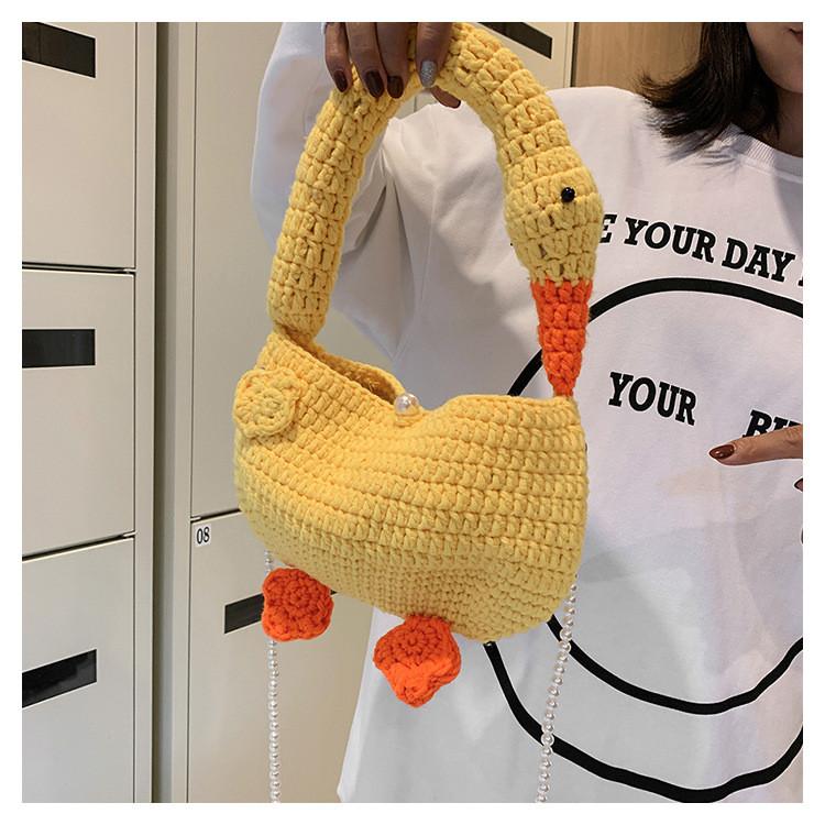 Knitted Woolen White Goose Handbag With Shoulder Strap For Casual Day Use