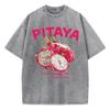 Vintage Damen Washed T-Shirts Frischer Pitaya-Druck Tees Rundhalsausschnitt Distressed Baumwolle Oversize Kurzarm Damenkleidung