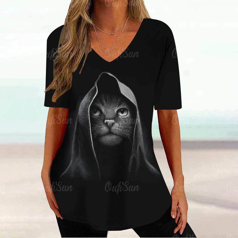 Kawaii Cat Graphic T Shirt For Women Painting Print Harajuku Short Sleeve Tops Summer V-Neck Pullover Female Loose Clothing Tees