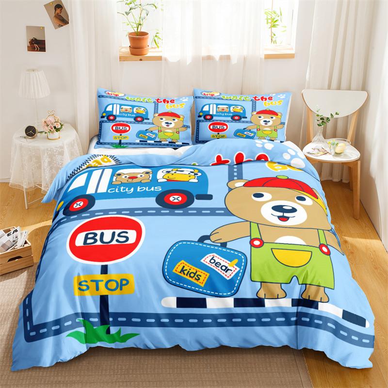 Travel Guide Duvet Cover Set Cartoon Route Car House Building Pattern Bedding Set Microfiber Travel Theme King Size Quilt Cover