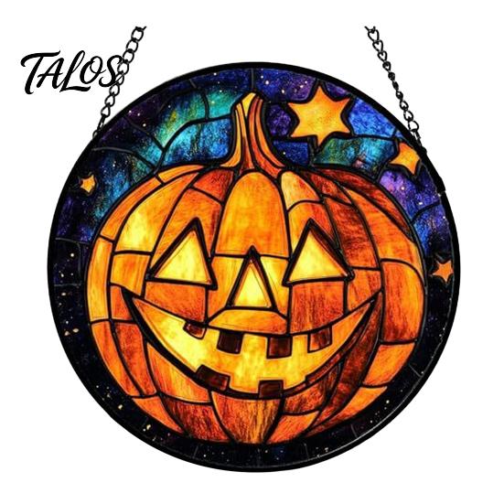 Waterproof Porch Decor Halloween Stained Glass Suncatcher Ornament, Vintage Hanging Window with Pumpkin Ghost Bat Witch Decorations Hat Pattern,