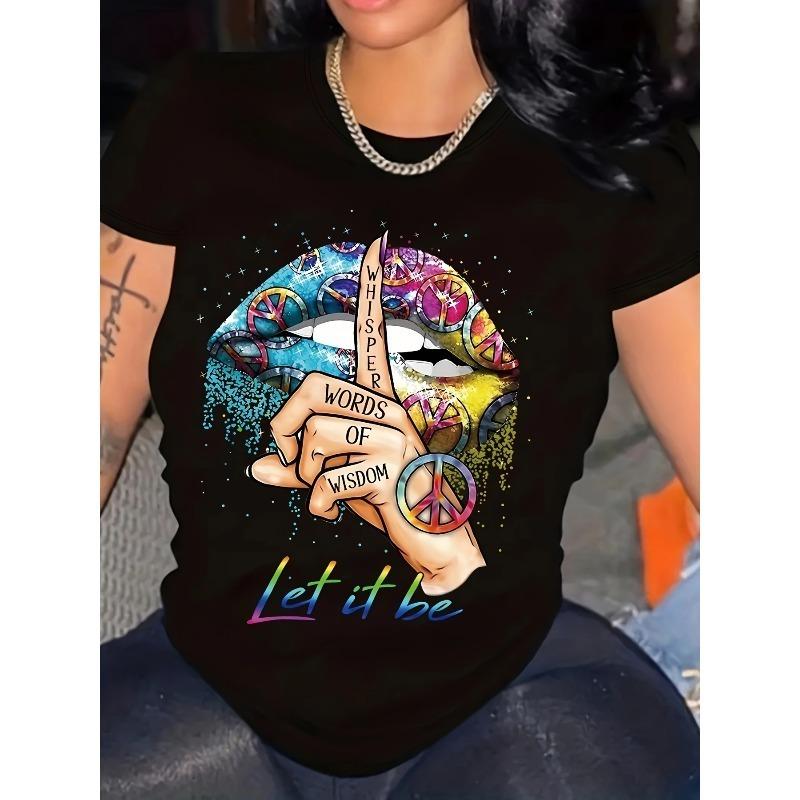 European sizes Women's Casual Short Sleeve Crew Neck T-Shirt - Peace Signps GraphicText, Vibrant Colorful Design,