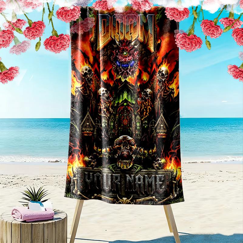 Name Custom Rockstar Doomguy Print Beach Towel, Large Soft Quick Dry Towel for Beach Camping Swimming