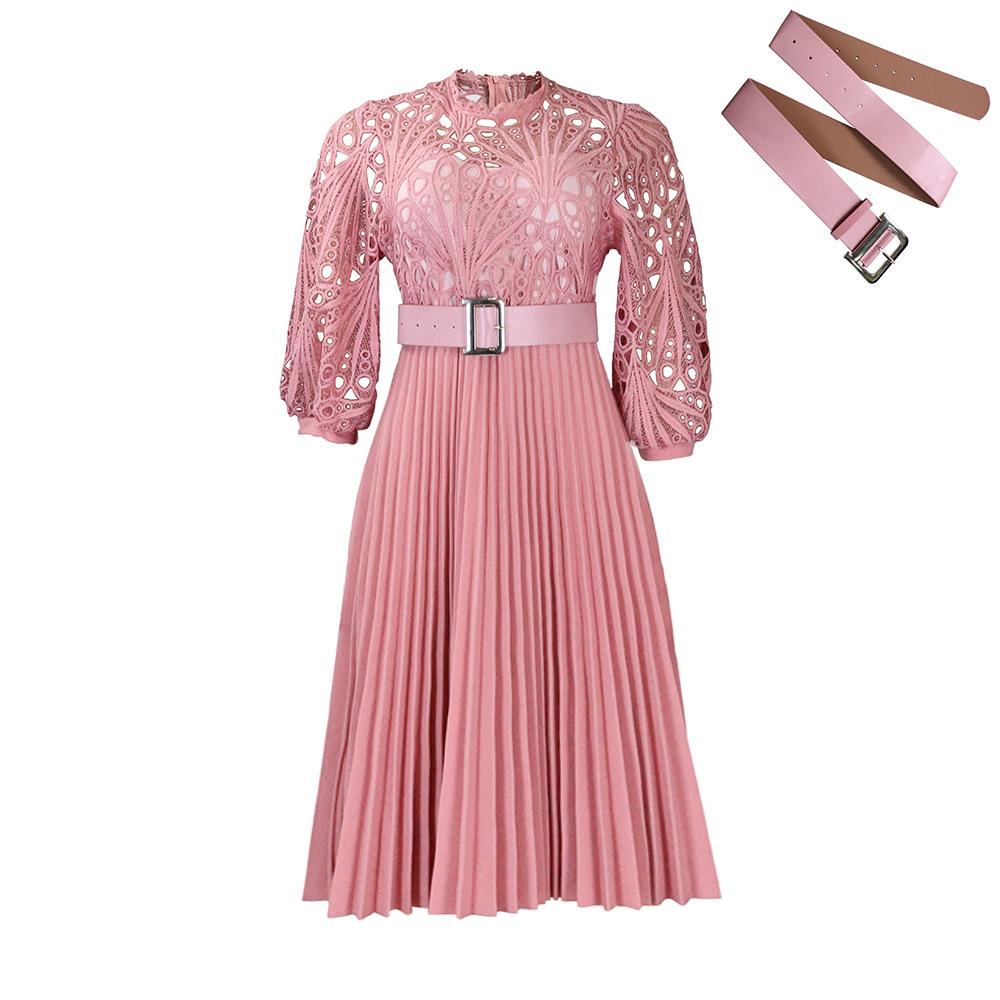 Reress Summer Plus Size Lace Crochet Sexy Hollow Pleated Dress Dress