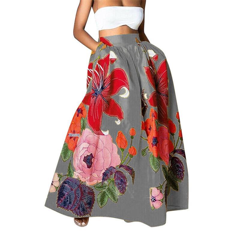 Jupes Bohèmes Florales Taille Haute pour Femmes avec Poches