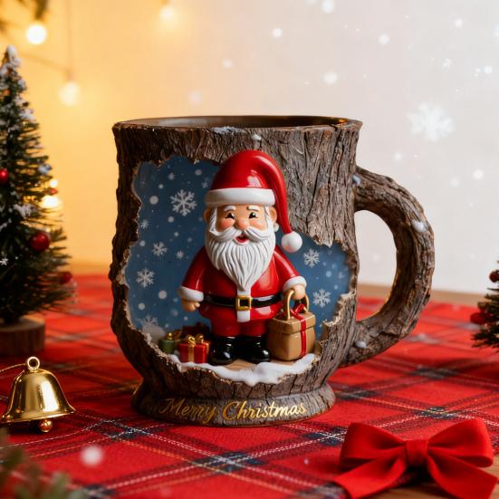 Slavnostní vánoční hrnek 3D textura kůry stromu tématický Santa sob kávový šálek pryskyřice sváteční dekorace novinka dárky