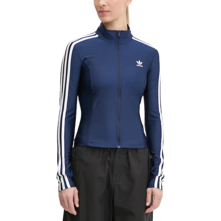 adidas Originals Striped Stand Collar Zipper Long Sleeve Slim Jacket Women Jackets Midnight-Blue JD5023