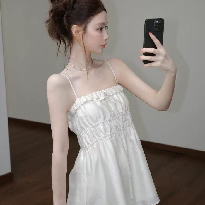 French side sling summer new light apricot waist thin top doll shirt belly hidden meat a-word skirt