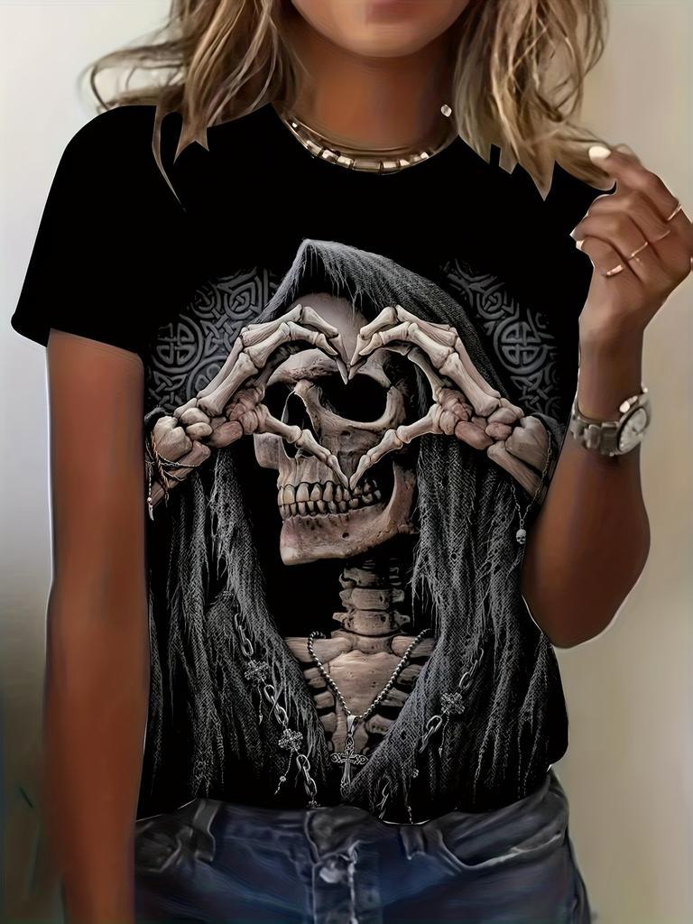 Gothic Skull Rose Print Women T Shirt Pink Floral Spider Web Casual Short Sleeve O-neck Dark Aesthetic Summer Tops