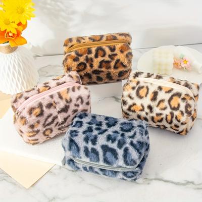 Large Leopard Print Makeup Bag, Plush Cosmetic Case with Soft Interior, Travel Toiletry Organizer for Women, College Daily Use