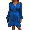 Women Mini Dress V-Neck Lantern Long Sleeve Side Lace-up Dress Solid Color Smooth Satin Ruffle Trim Dress