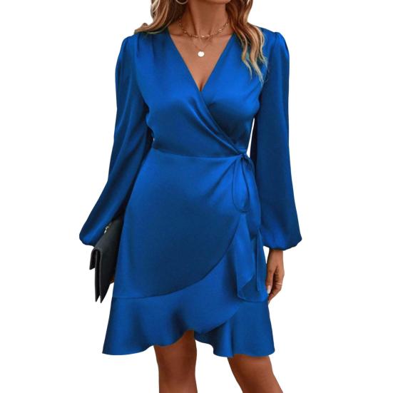 Women Mini Dress V-Neck Lantern Long Sleeve Side Lace-up Dress Solid Color Smooth Satin Ruffle Trim Dress