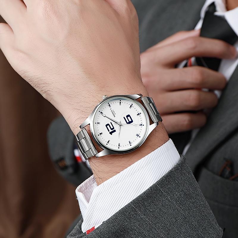 Men's Fashion Quartz Watch With Light Blue Glass And Stainless Steel Strap