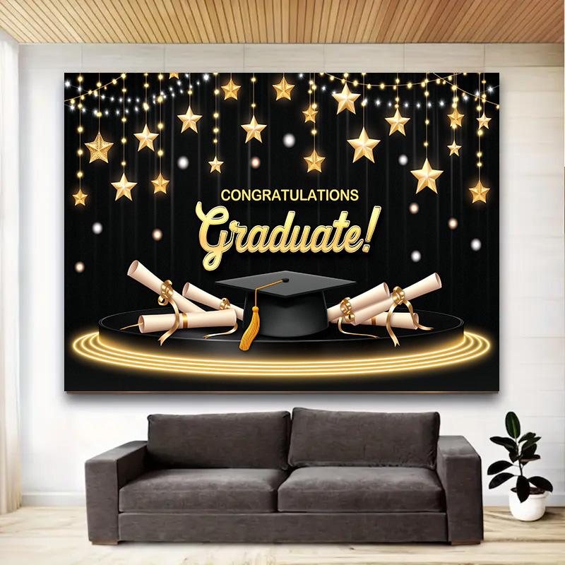 Graduation Party Banner with Graduation Cap&Diploma&Star Design,Backdrop for Home Garden Celebrations,Graduation Party Decor