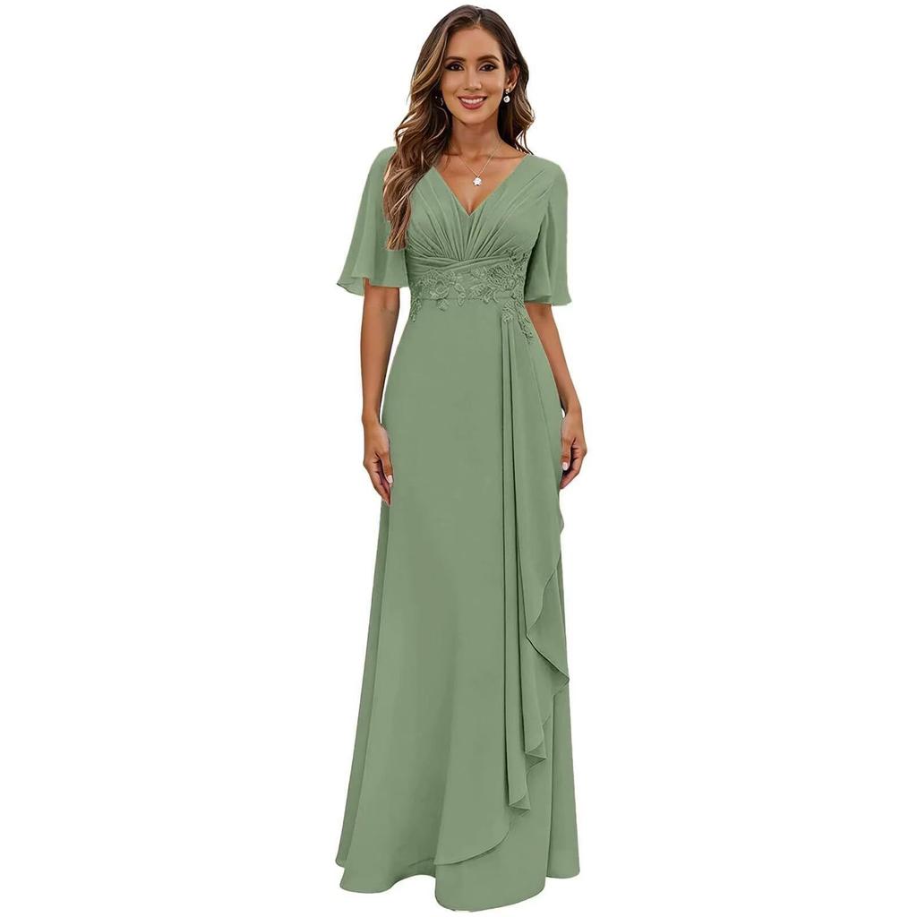 Evening Dress 1011 New V-neck Pleated Long Chiffon Party Dress Skirt Slim Swing Wedding