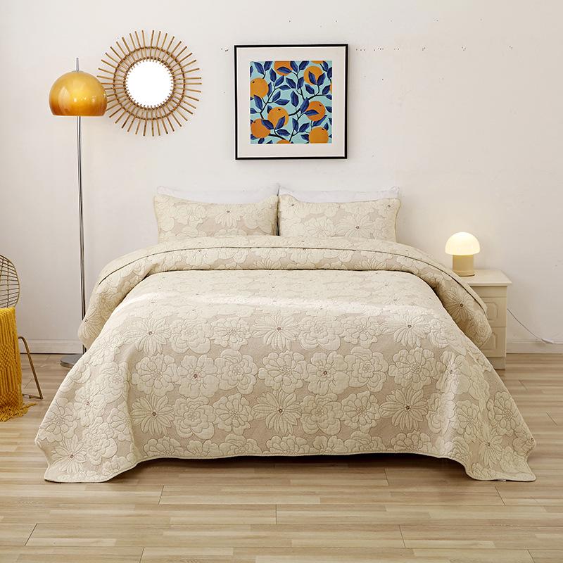 American-Style Quilted Cotton Bedspread Set - 3-Piece Washed Solid Color Bedding