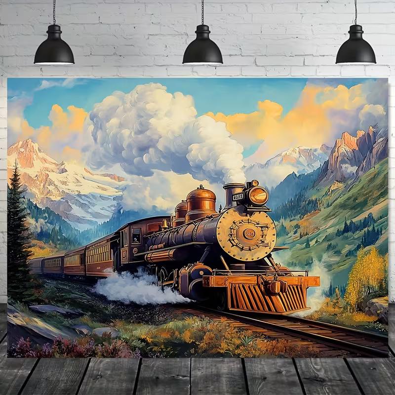 Nostalgisch Stoomtrein Wandkleed, Dramatische Scène van een Vintage Locomotief die Door een Majestueus Berglandschap Reist, Klassieke Spoorweg Wanddecoratie