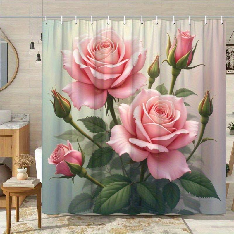 1Pc Elegant Pink Rose Bath Curtain - No-Drill Shower Curtain With Hooks, All-Season Floral Design For Bathroom Decor, Rose Decor