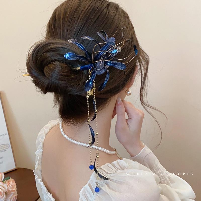 Vlasová spona s třásněmi 'Spider Lily Dripping Oil': Elegantní vlasová vidlička ve starověkém stylu Hanfu pro ženy