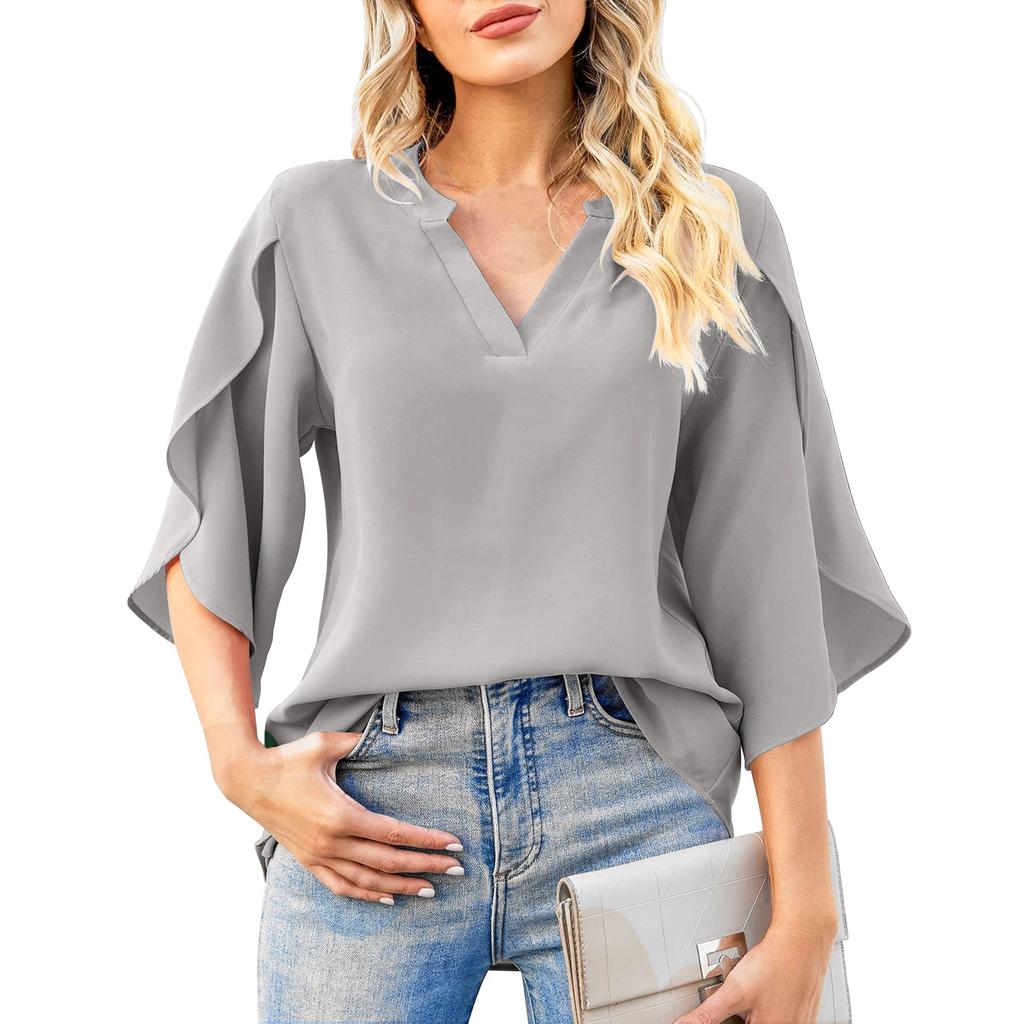 Haut ample à manches pétales et col en V en mousseline de soie pour femme, nouvelle mode d'été