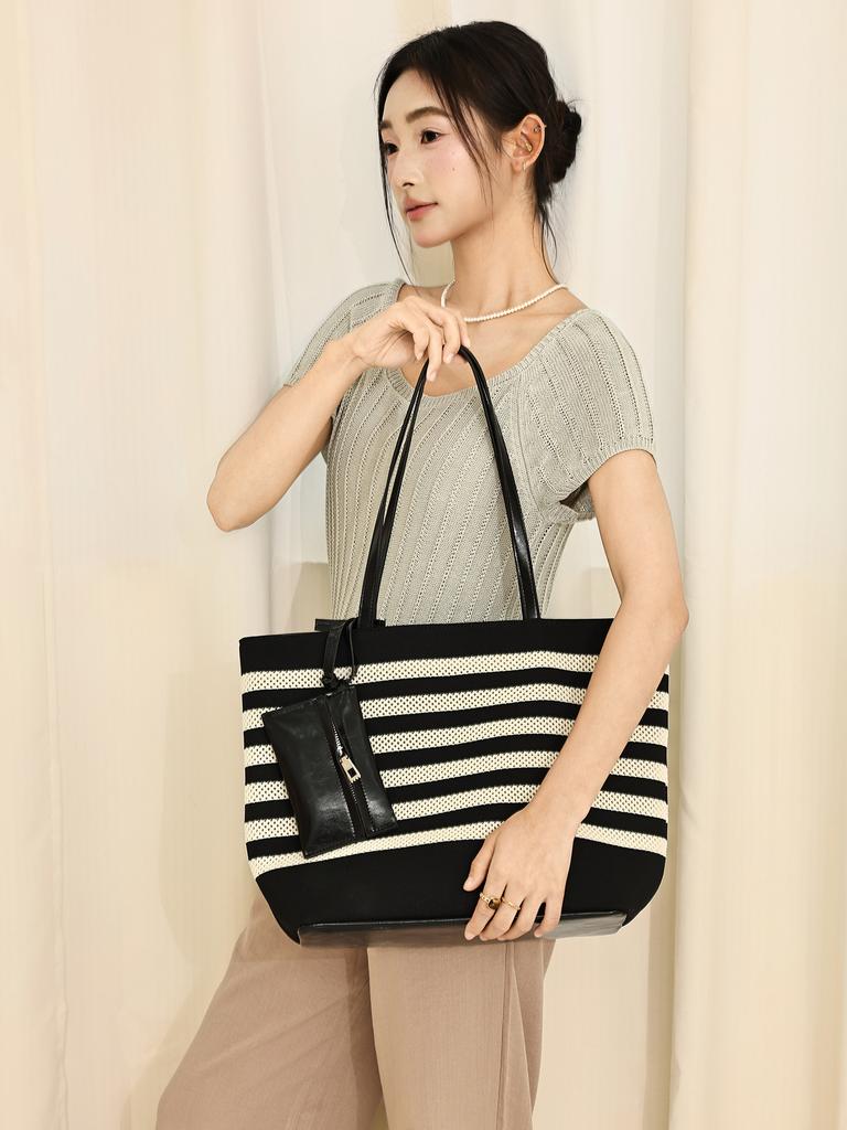 Premium Black and White Striped Tote Bag Woven Large Capacity Shoulder Women's Bag Lazy Wind Lightweight Vacation Shopping Bag