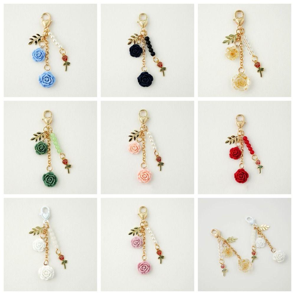 Flower Keyring 3D Rose Camellia Keychain Metal Leaf Sweet Earphone Case Hanging