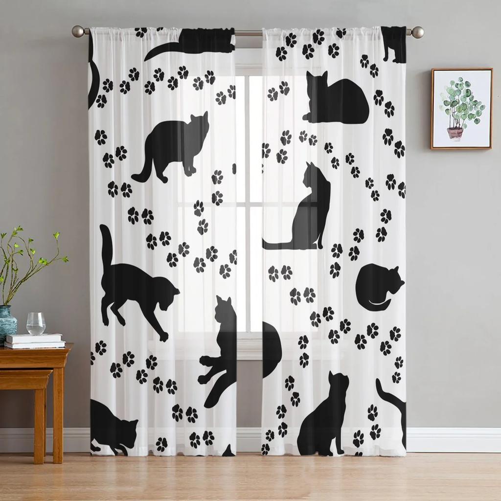 Katzen-Silhouette Pfotenabdrücke Schwarz Weiß Netzstoff Transparente Fenstergardinen für Wohnzimmer Schlafzimmer Moderne Voile Seidenähnlicher Stoff Vorhänge Gardinen