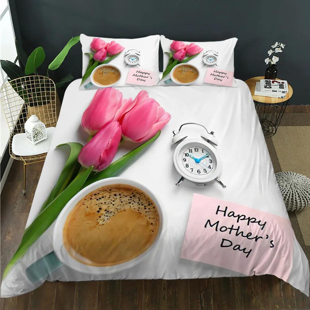 Mother's Day King Queen Duvet Cover Floral Bedding Set Express Love For Mom Wife Polyester Comforter Cover Colorful Design