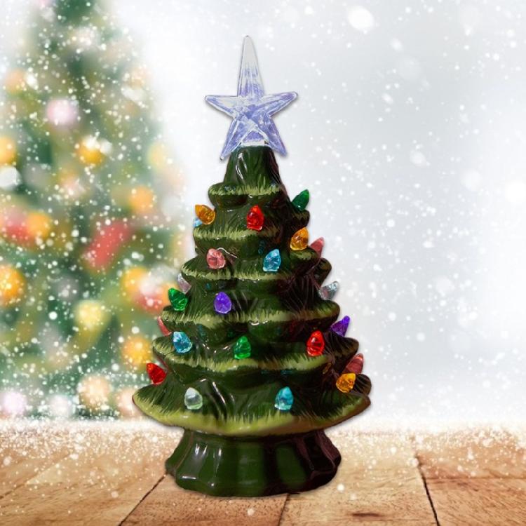 Decorative Miniature Christmas Tree with Lights Battery Operated Ceramic Desktop Lamp Festival Tabletop Decoration