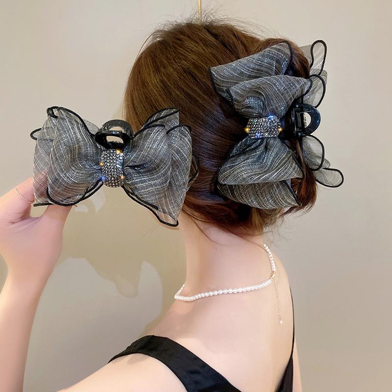 Elegant Love Mesh Rhinestone Bow Hair Grasp Clip Sided Shark Hairpin Princess Korean Hair Accessories for Women