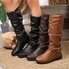 Mode Européenne et Américaine 2025 Automne-Hiver Nouvelles Bottes en Cuir à Talons Bas pour Femmes - Bottes Plissées pour Dames