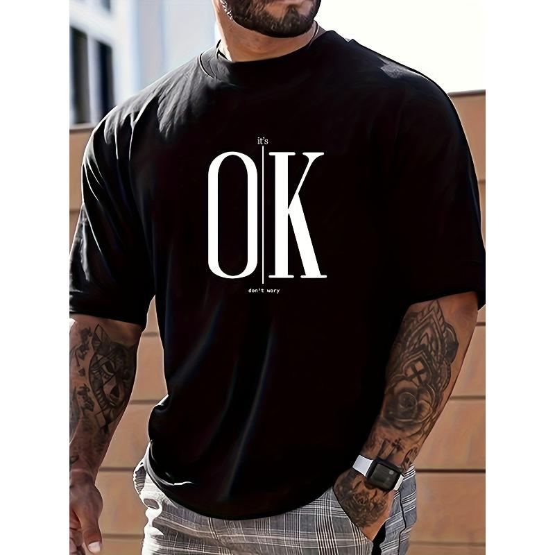 European Sizes OK Graphic Print Men's Creative Top, Casual Short Sleeve Crew Neck T-shirt, Men's Clothing For Summer Outdoor