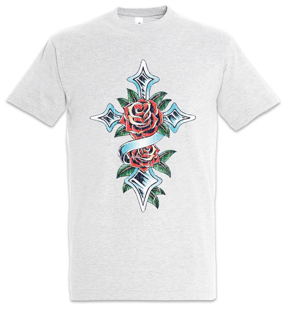 Rose Kreuz Ich T-Shirt Herren Damen T-Shirts Oberteil Symbol Tattoo Zeichen Rosen Christlich Christus Künstler Kunst