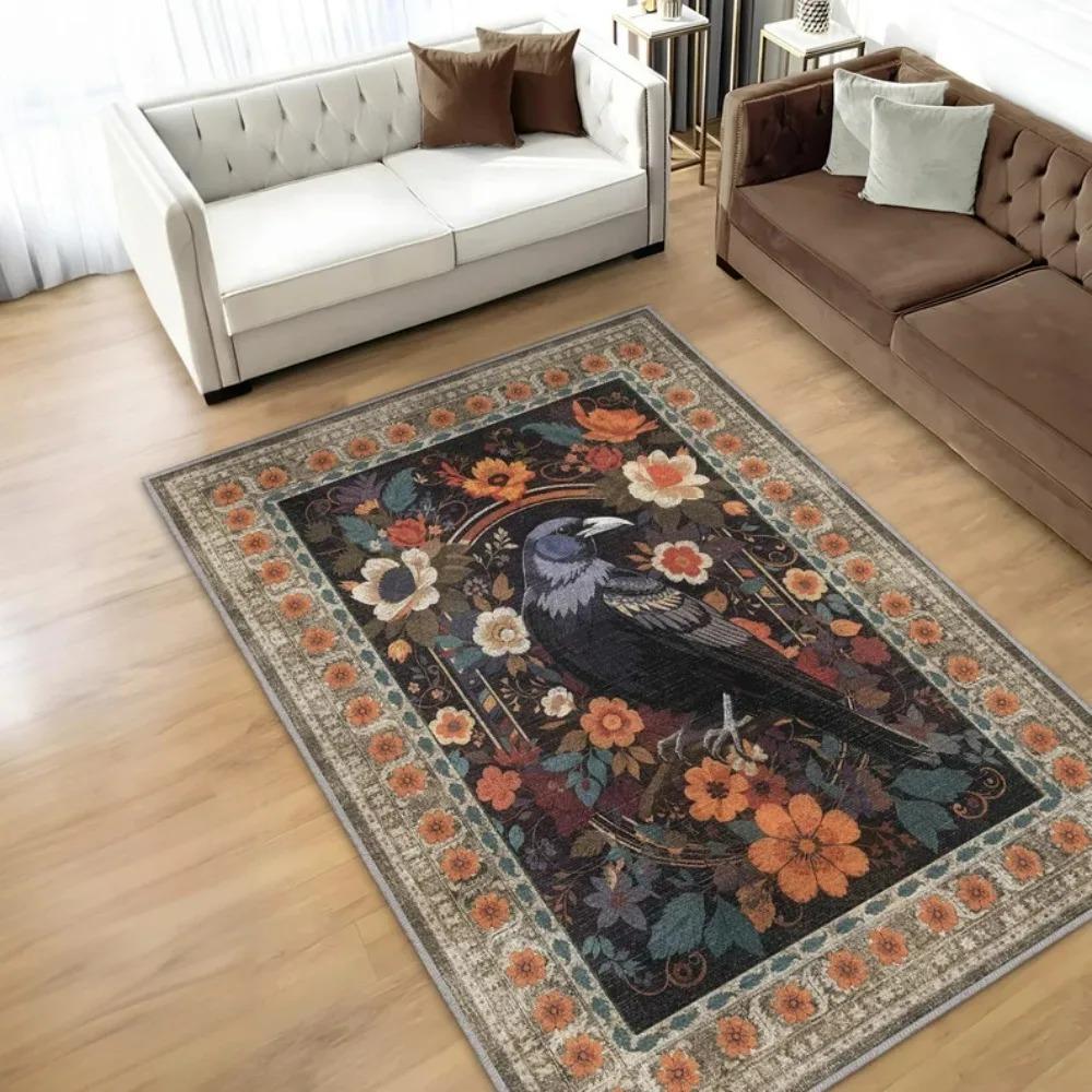 Floraler Baum Rabe Bereichsteppich Schwarzer Hintergrund Kunstteppich Böhmisches Wohnzimmer Schlafzimmer Dekorative Bodenmatte