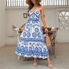 European, American Spring and Summer Off-the-shoulder Suspender Beach Skirt Ethnic Style Positioning Printing Vacation Leisure Neck Cross Dress Women