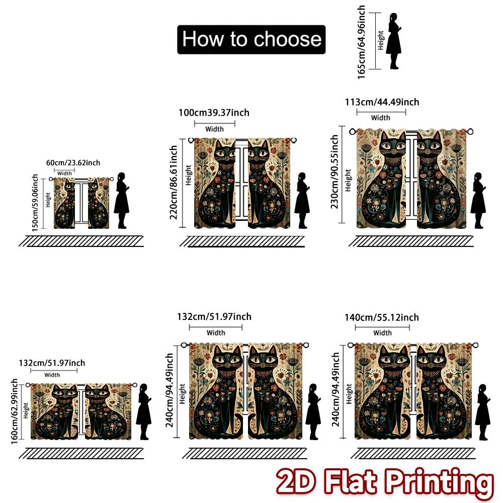 Set Of 2 Flat Printing Scene Curtain Floral Feline Duo Digital Printed Polyester Drapes All Season Party Holiday Decor Perfect