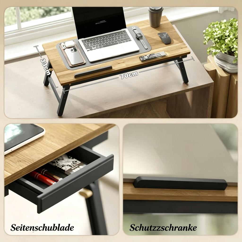 Laptop-Tisch mit Höhen- und Winkelverstellung, Klapptisch mit Neigungsfunktion und Schublade, Multifunktionaler Betttisch (nur mit 1 Stück Nachttisch)