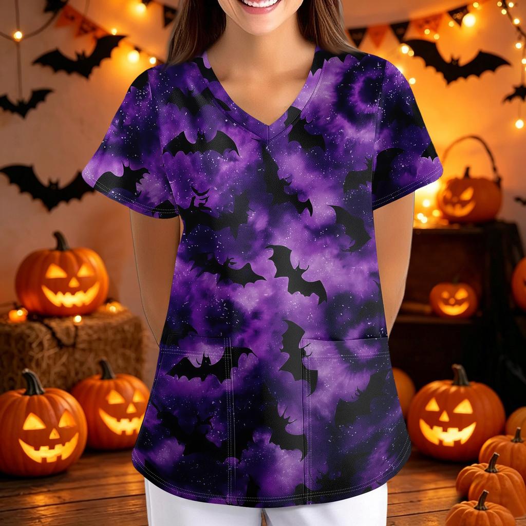 Womens Halloween Print Loose Fit V Neck Short Sleeve Medical Scrub Top Nurse Uniform with Pockets Lightweight Comfortable Workwear
