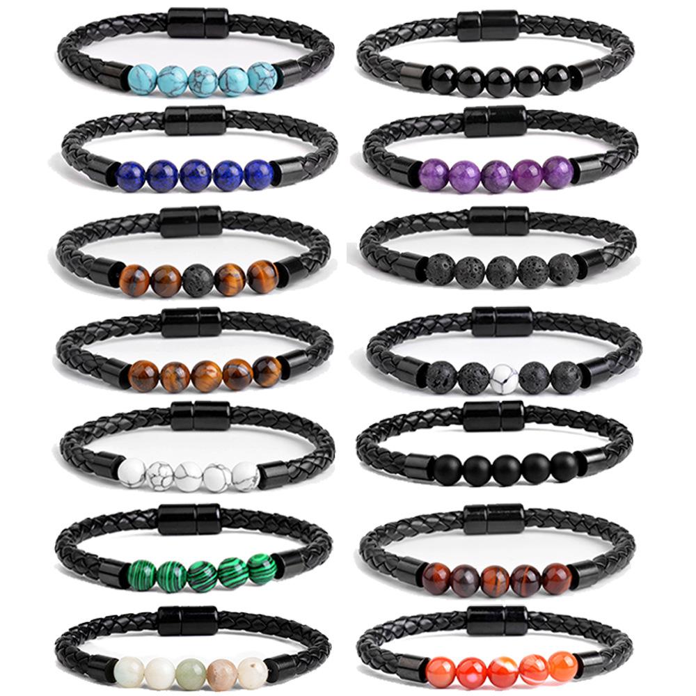 New Men 'S Beads Leather Bracelets Braided Leather Cuff Wristband Bead Rope Bracelet For Boys Anxiety For Stress Relief Gift