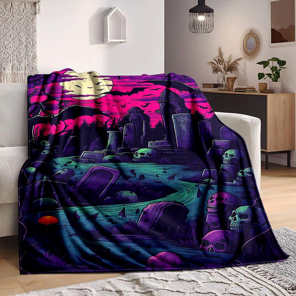 1pc Graveyard Moonlight Blanket, Lightweight Flannel Throw Blanket for Sofa, Bed, Travel, Camping, Living Room, Office, Couch049