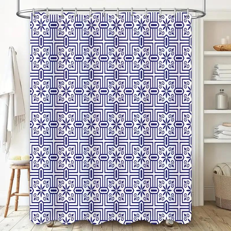 Tenda da Doccia con Motivo a Piastrelle Blu Bianco Impermeabile Decorazione per la Casa Decorazione del Bagno 180x240cm Materiale TPU Stampa ad Alta Densità