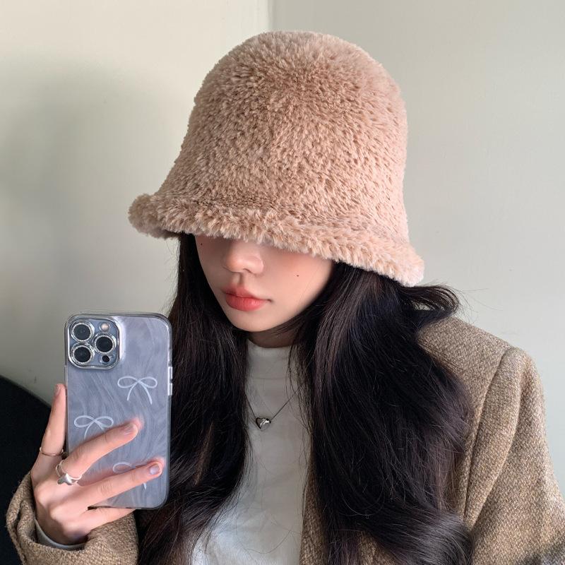 Chapeau d'automne et d'hiver pour femmes, chapeau bucket en peluche polyvalent uni, chapeau chaud d'hiver, chapeau lavabo
