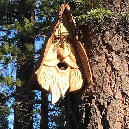 Vogelhaus mit geschnitztem Haar Glücklicher Geist Synthetisches Harz Menschliches Gesicht Vogel Drahtaufhänger Nest Handgeschnitzt Alter Baum Fee