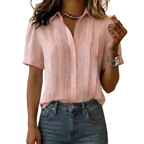 Women Tops Lapel Short Sleeve Buttons Placket Shirt Tops Pure Color Loose Fit Casual Style Shirt Home Dates Versatile