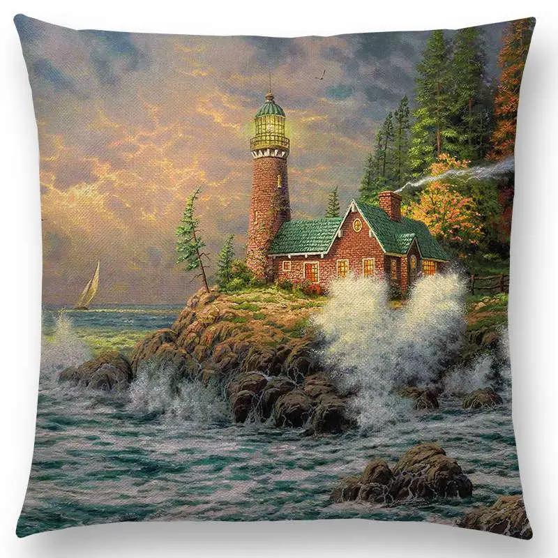 Newest American Countryside Oil Painting Cushion Cover Beautiful Scenery The Castle Lighthouse Sofa Throw Pillowcase