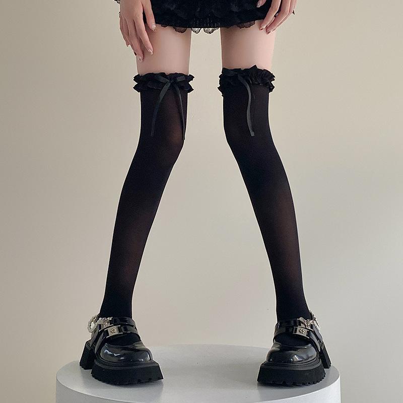 Meias Lolita Brancas com Laço Compridas para Joelho Femininas Primavera/Verão Finas de Renda Tubo Longo de Renda Cor Creme Estilo Ballet para Coxa