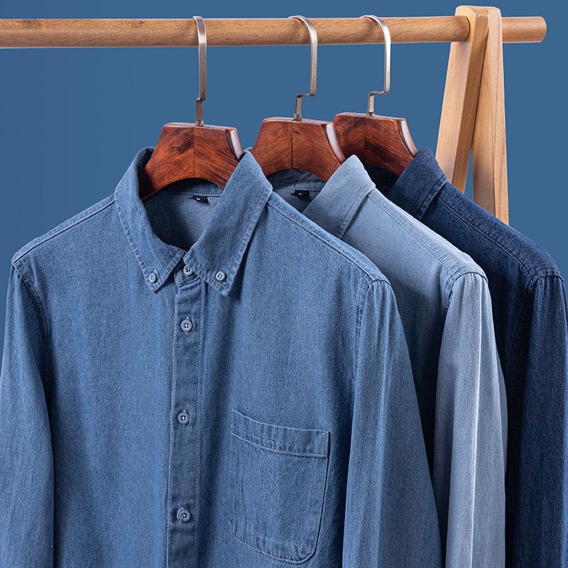 Mens Denim Shirt Long Sleeve Comfort Soft Casual Washed Durability Work Shirts