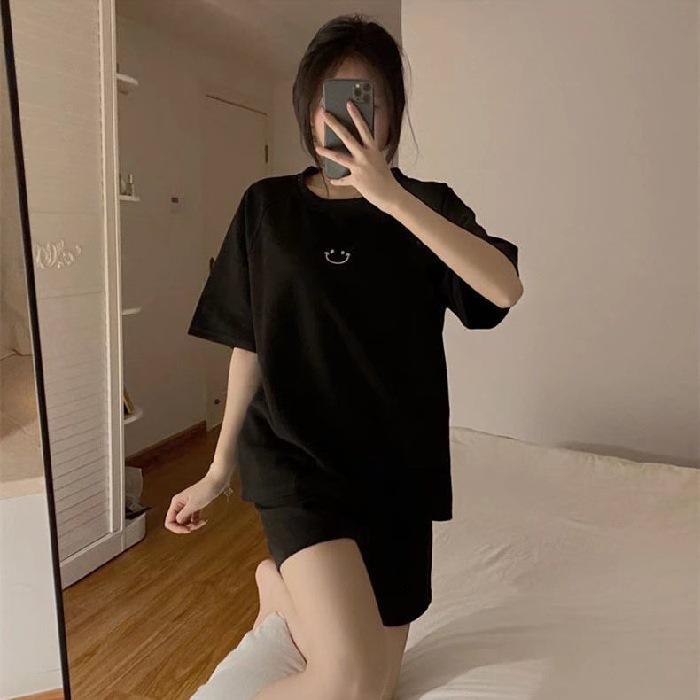 Women's Long-Sleeve Waffle Pajamas: Smiley Face, Two-Piece, Round Neck, Cute Homewear