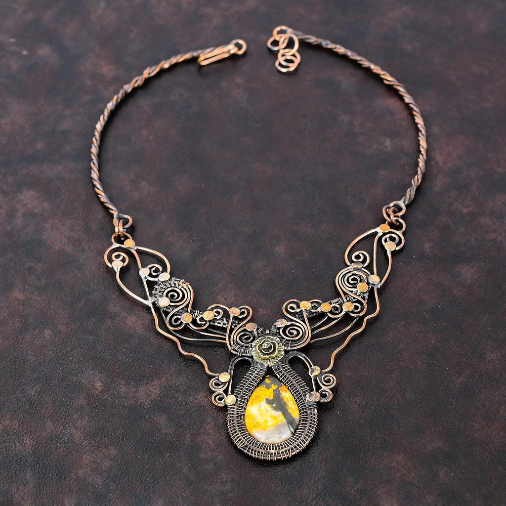 Bumble Bee Jasper Necklace Copper Wire Wrapped Necklace Adjustable Necklace Handmade Decent Necklace Gemstone Copper Jewelry Gift For Mother