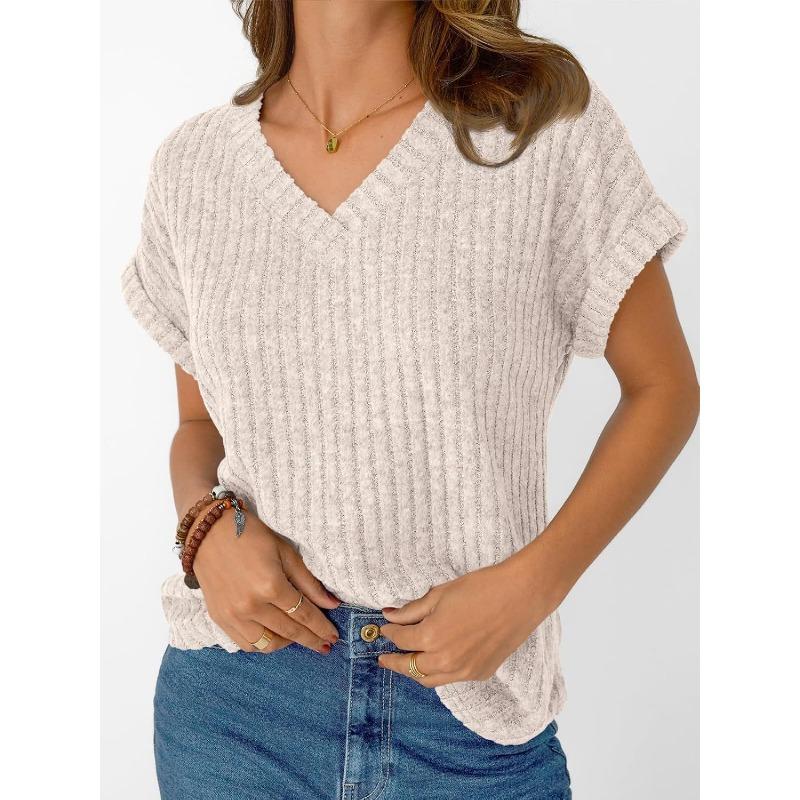 Solid Color Ribbed V-Neck Short Sleeve Top, Women's Soft Casual Knit T-Shirt